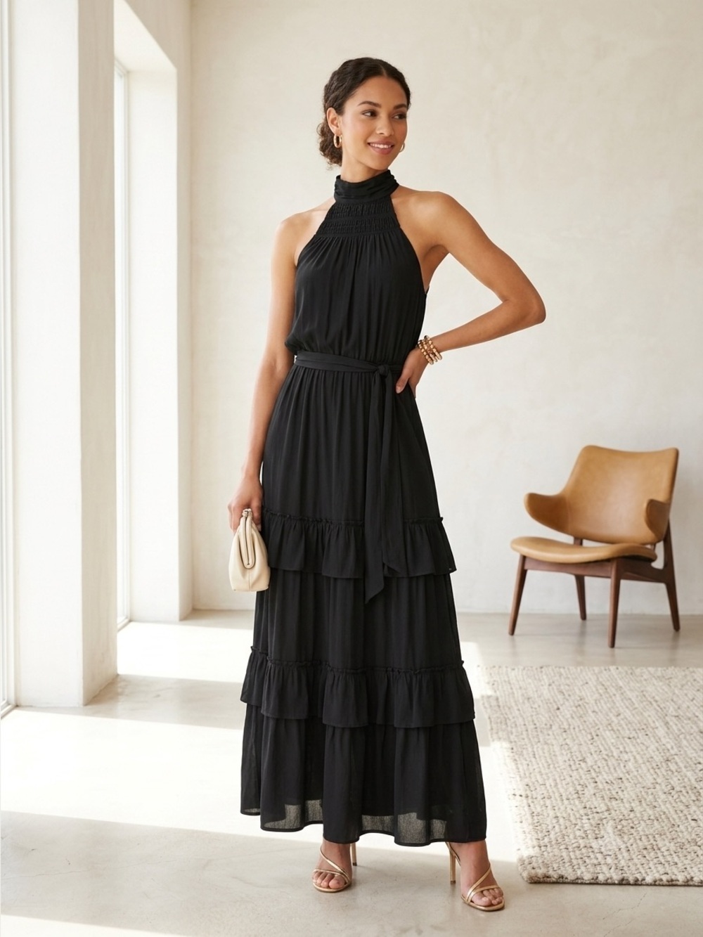 Ramy Brook black Genevieve tiered halter maxi dress - Small NWT